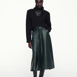 ZARA Faux Leather Midi Skirt with front slit, size XL